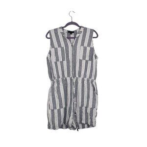 Kelly Renee Jumpsuit Women's L Blue White Striped Linen Blend Romper Beachy Boho